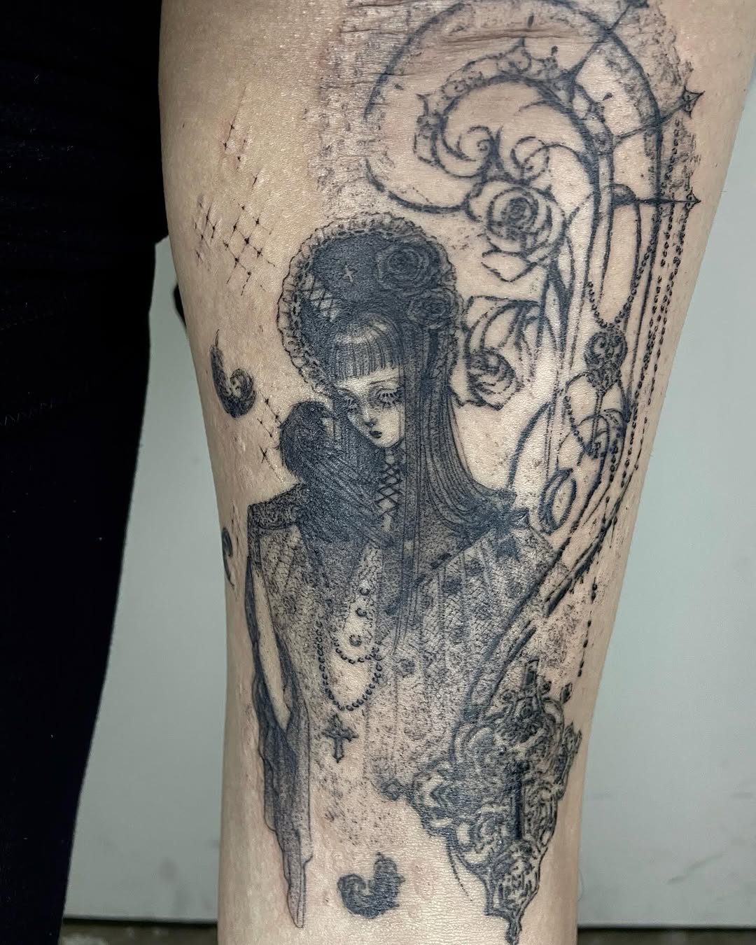 Tattoo by @friedraven_tattoo β black_and_grey, dark_realism