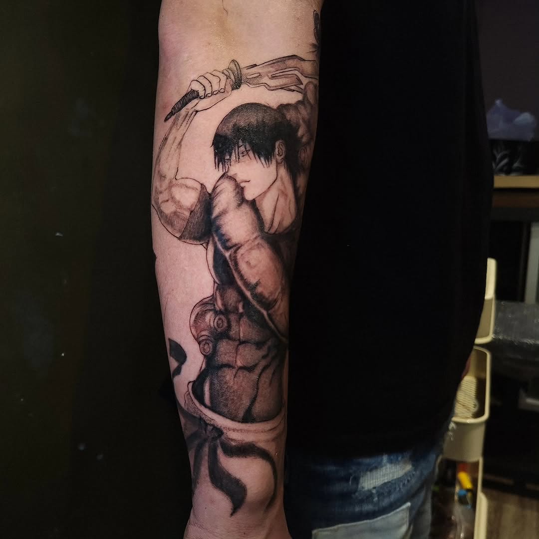 Tattoo by @alextwk.tattoo — anime, black_and_grey