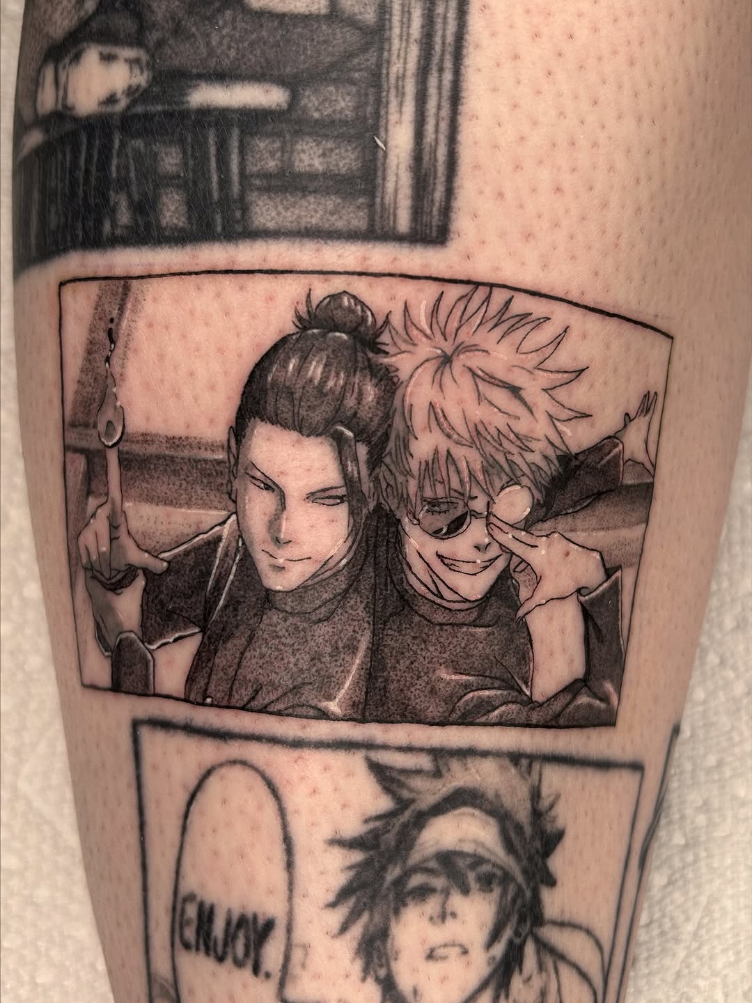 Tattoo by @bog.witch.arts โ anime, black_and_grey
