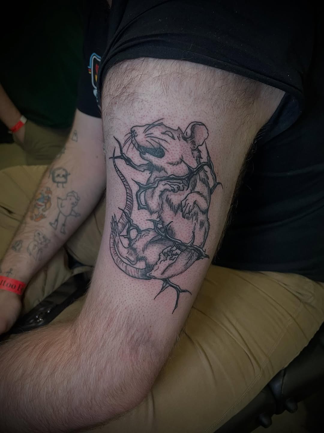 Tattoo by @scare_bear_tattoos — illustrative, black_and_grey
