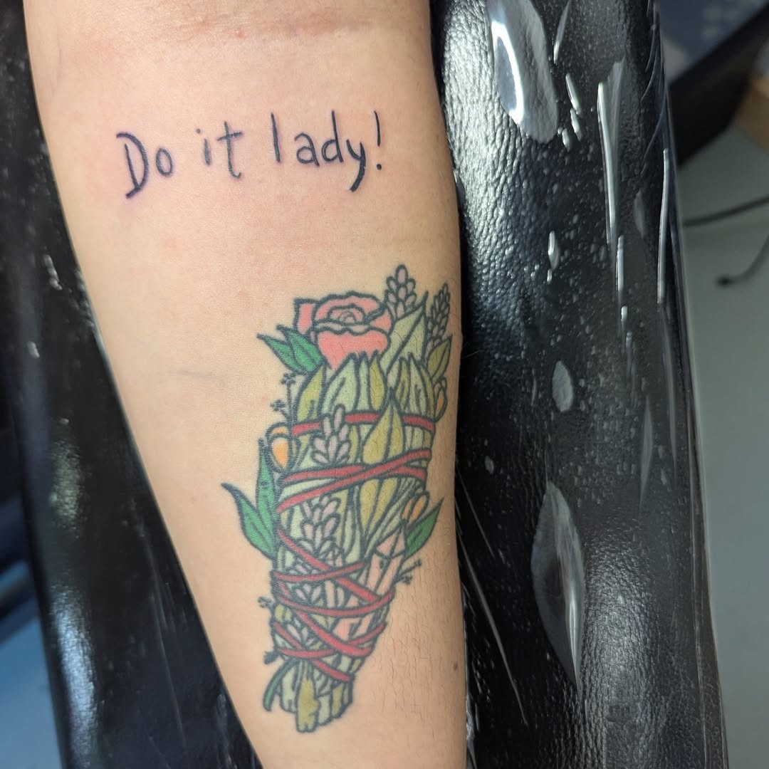 Tattoo by @bellab.tattoo — lettering_script, illustrative