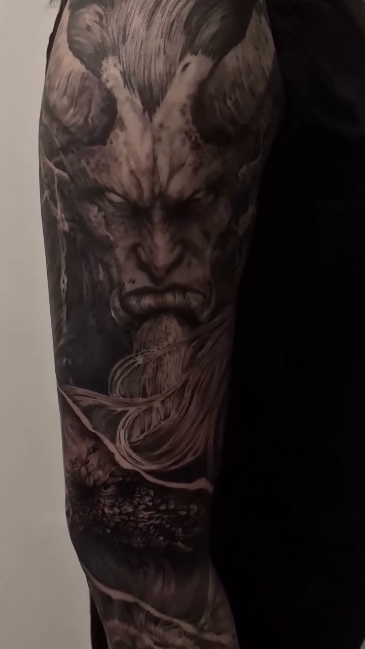 Tattoo by @3k_tat_too — dark_realism, black_and_grey