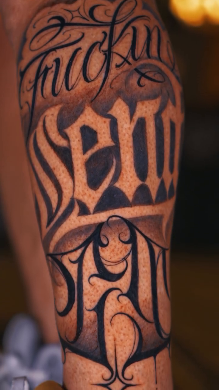 Tattoo by @thezaptrap — lettering_script, black_and_grey