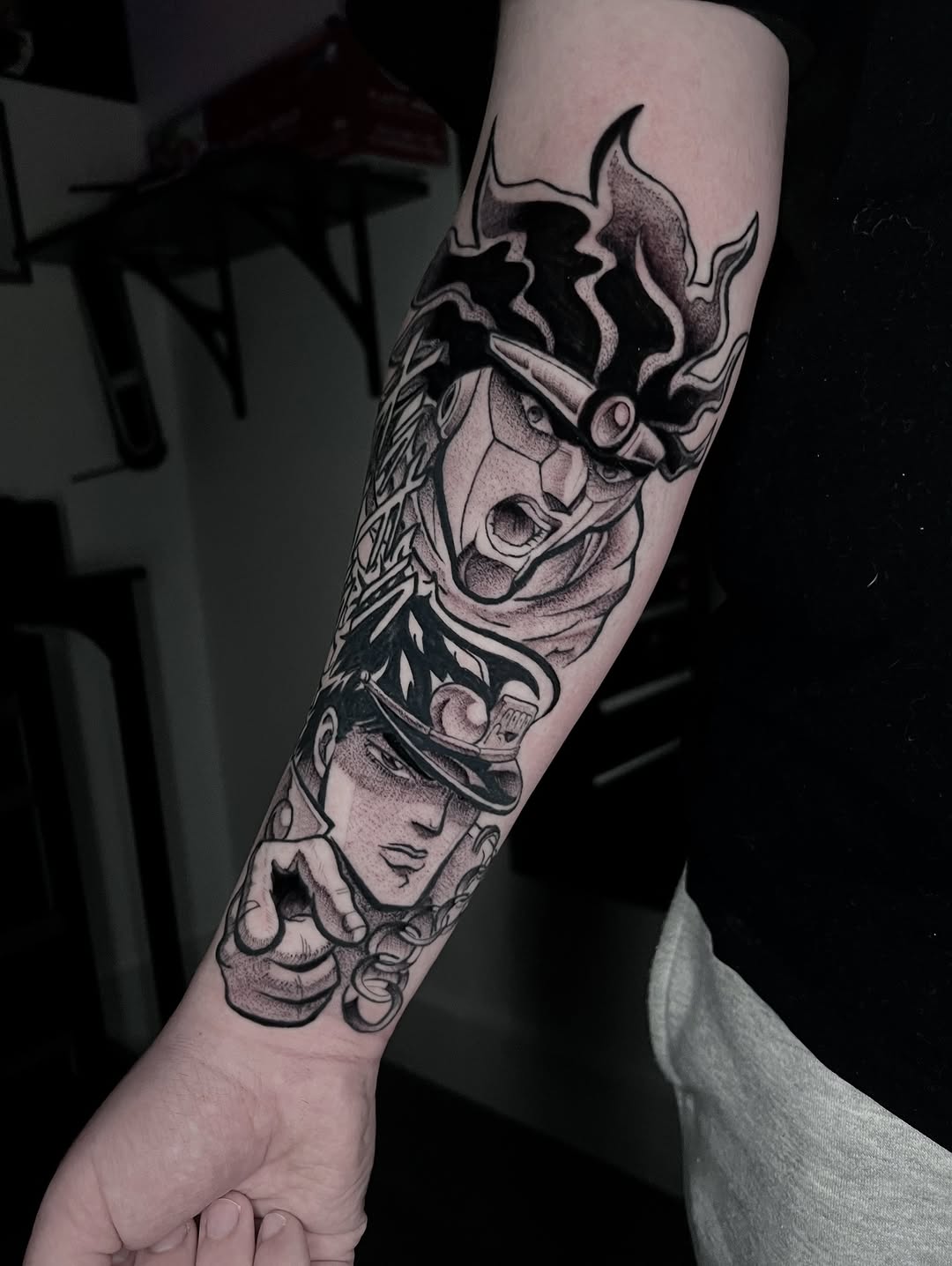 Tattoo by @inkedbypanezo — anime, black_and_grey