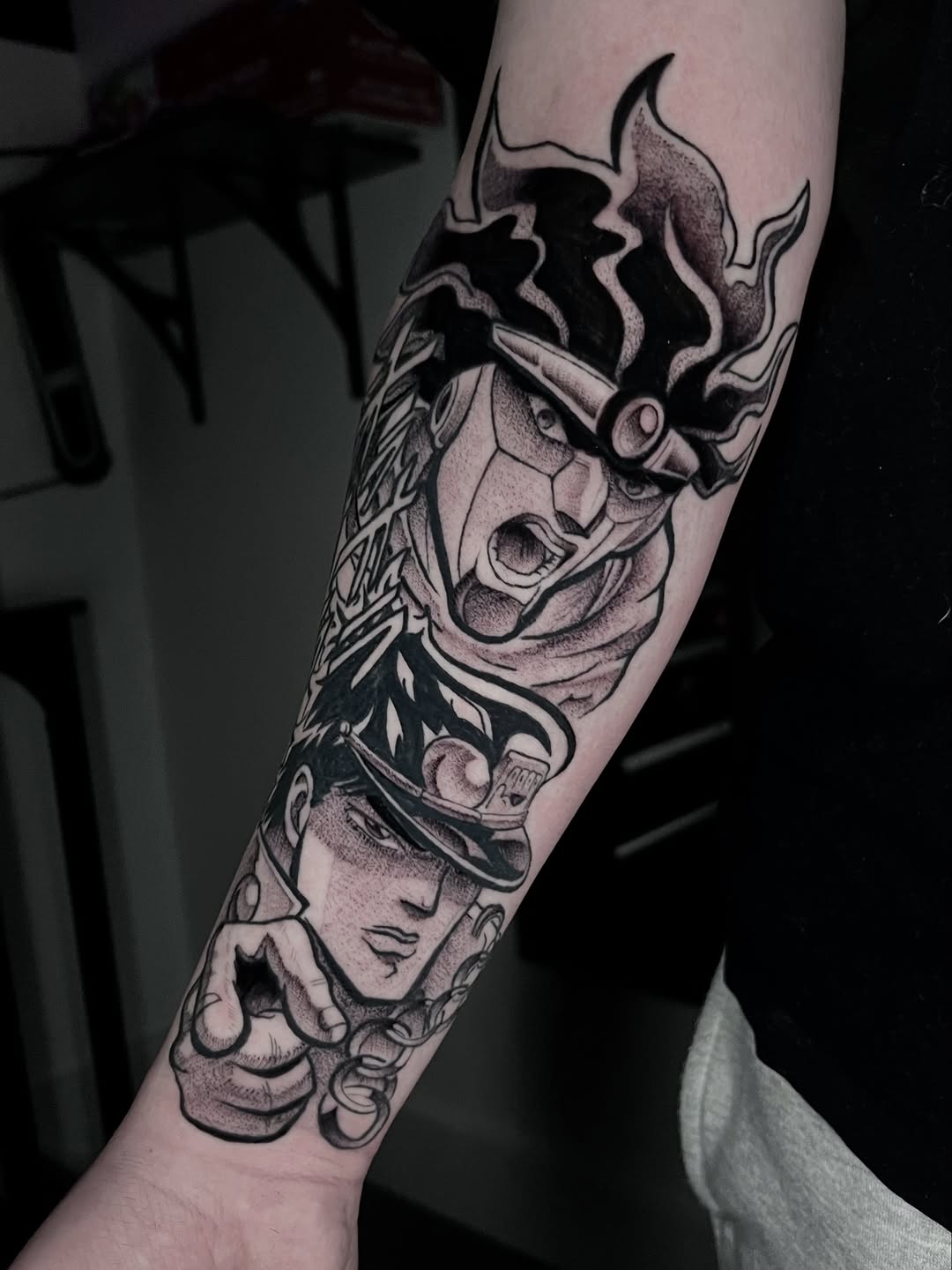 Tattoo by @inkedbypanezo — anime, black_and_grey