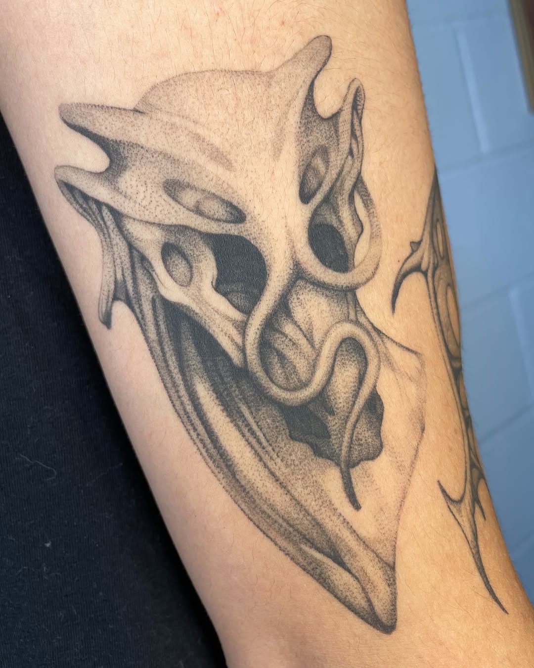 Tattoo by @carolineraer — dotwork, black_and_grey