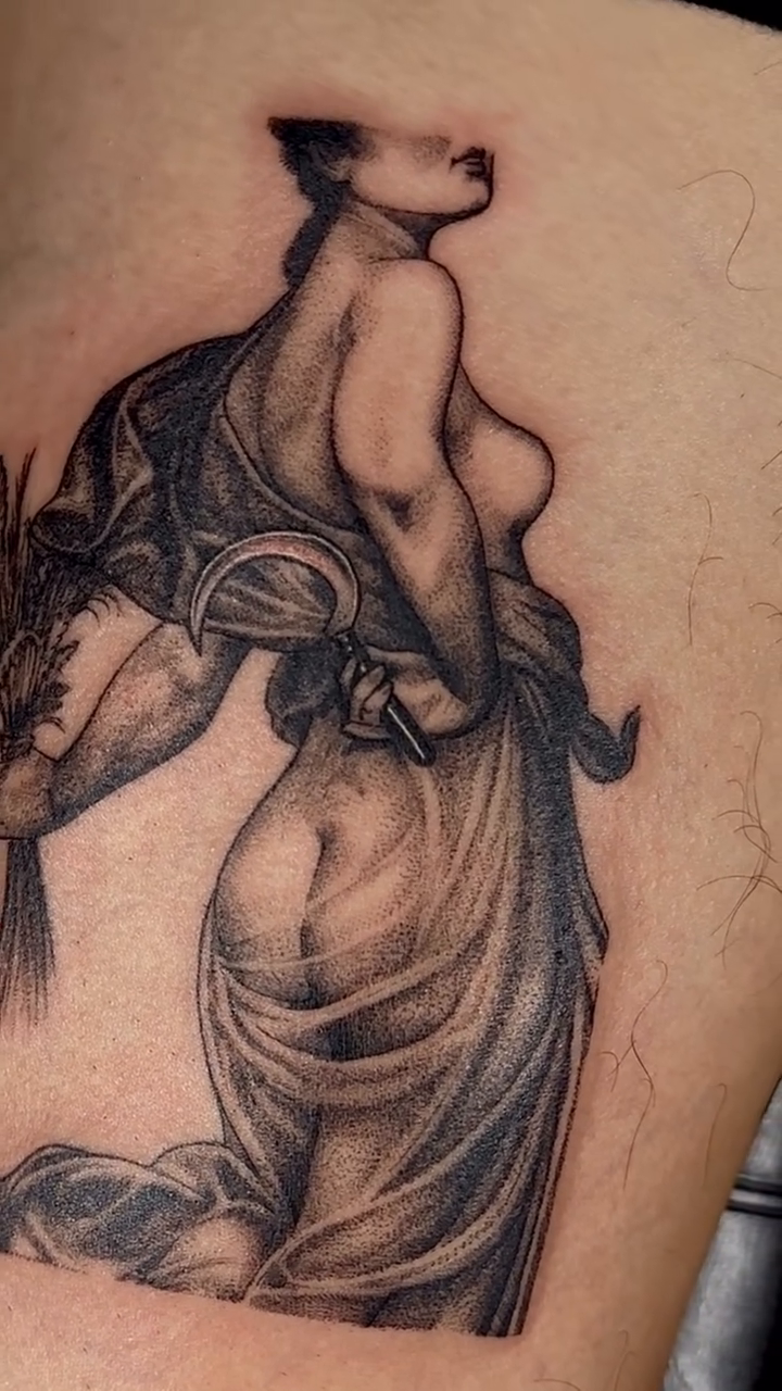 Tattoo by @bogwitchtattoos — black_and_grey, realism