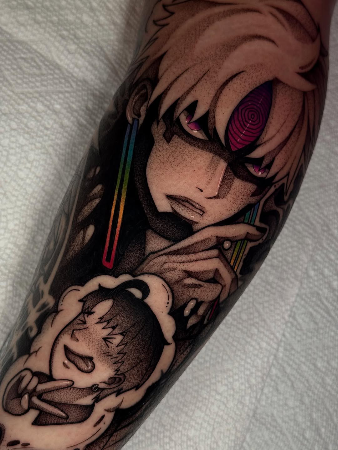 Tattoo by @xq.ink — anime, dotwork