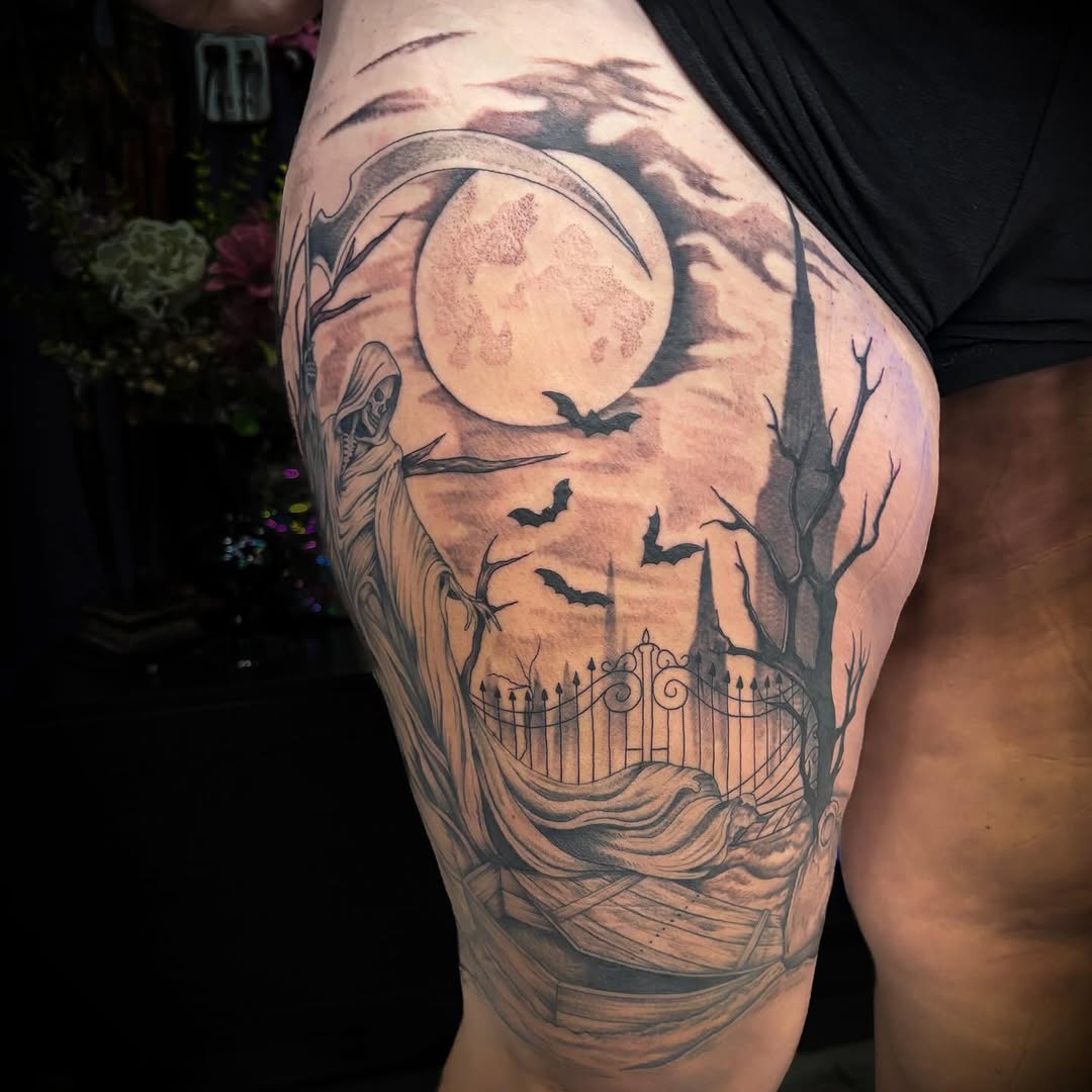 Tattoo by @uglyrileytattoo โ dark_realism, black_and_grey
