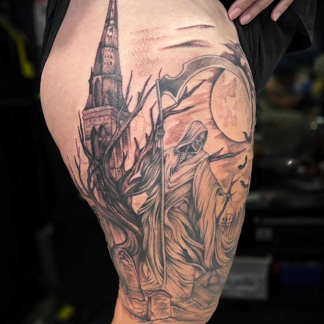 Tattoo by @uglyrileytattoo โ black_and_grey, dark_realism