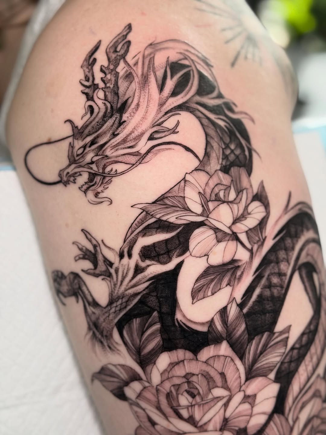 Tattoo by @whitehorsetattooing — japanese_irezumi, black_and_grey