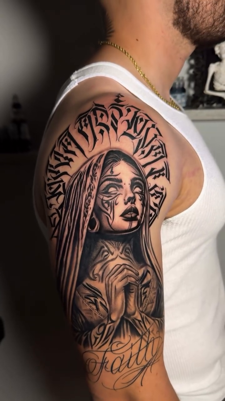 Tattoo by @kodi_tattoo — black_and_grey, chicano