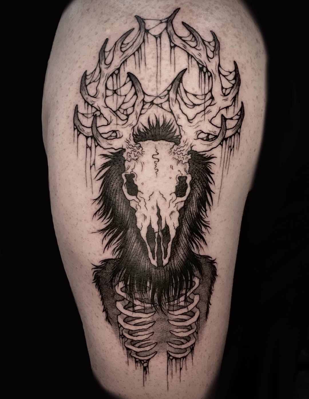 Tattoo by @raineydaytattoos — blackwork, illustrative