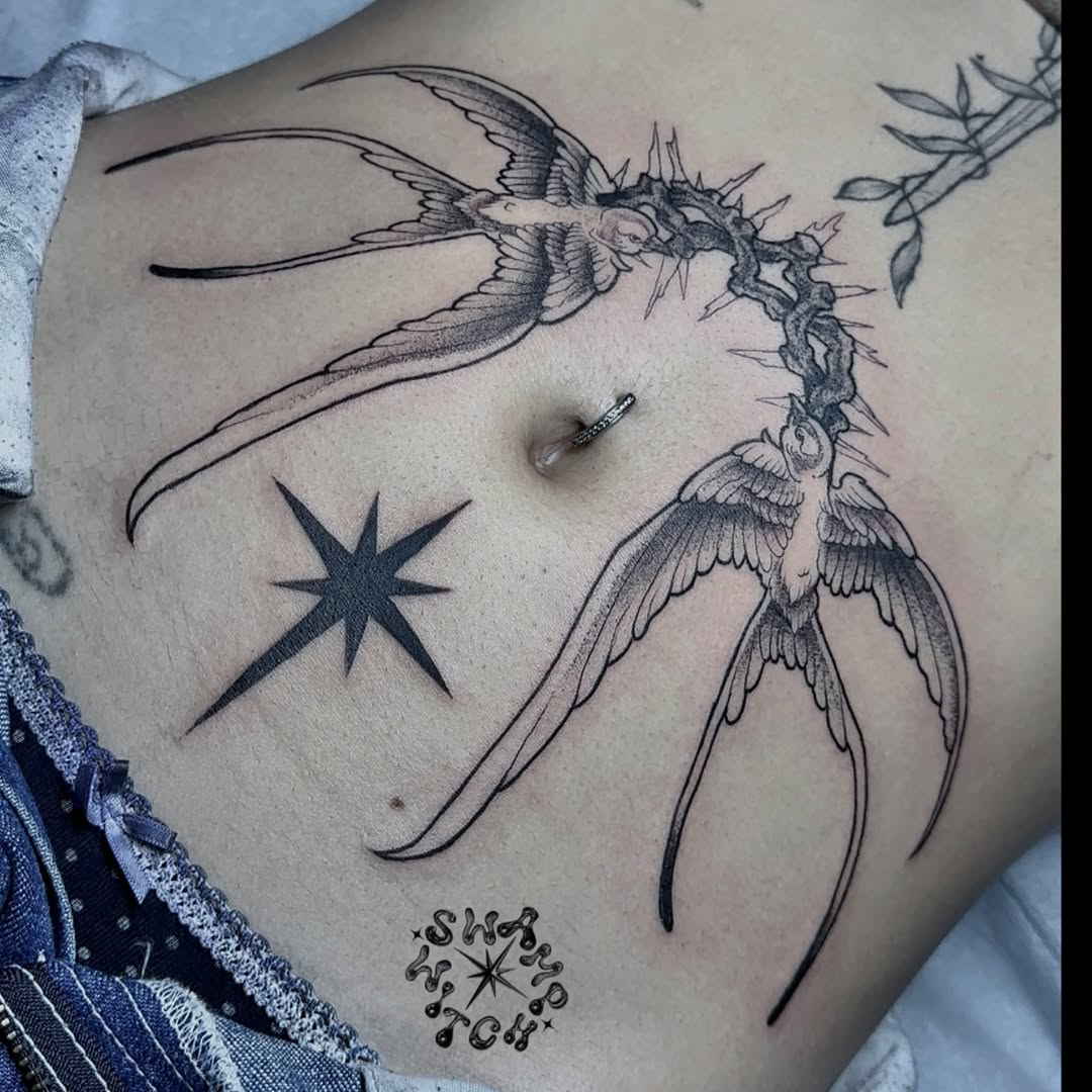 Tattoo by @swamp.witch.tattoos — black_and_grey, fine_line