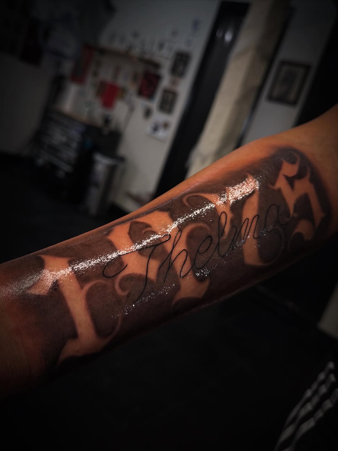 Tattoo by @tori_tattooz β lettering_script, black_and_grey