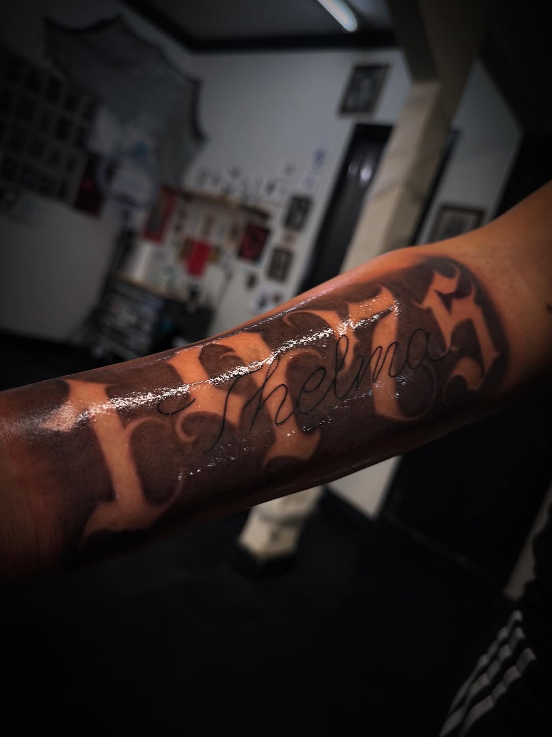 Tattoo by @tori_tattooz β lettering_script, black_and_grey
