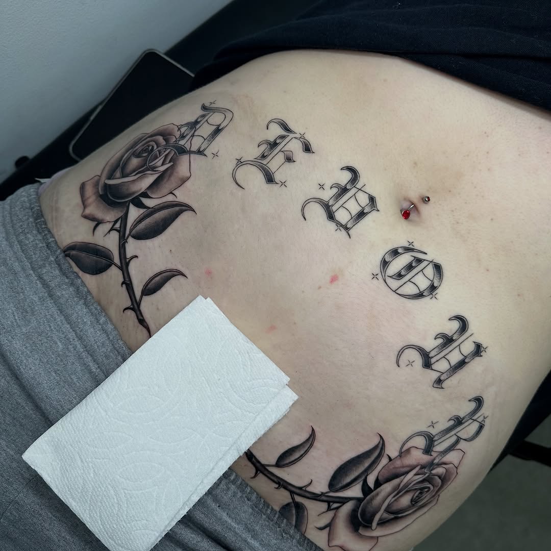 Tattoo by @yungmonalisaofficial — black_and_grey, lettering_script