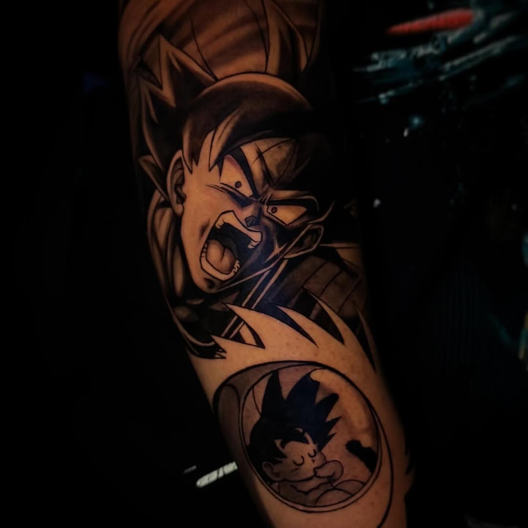 Tattoo by @jh_ink__ — anime, black_and_grey