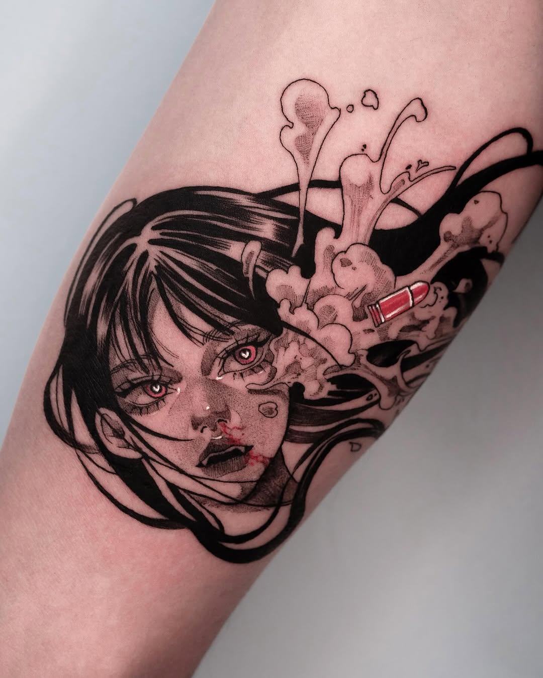 Tattoo by @yozu.tattoo — anime, black_and_grey
