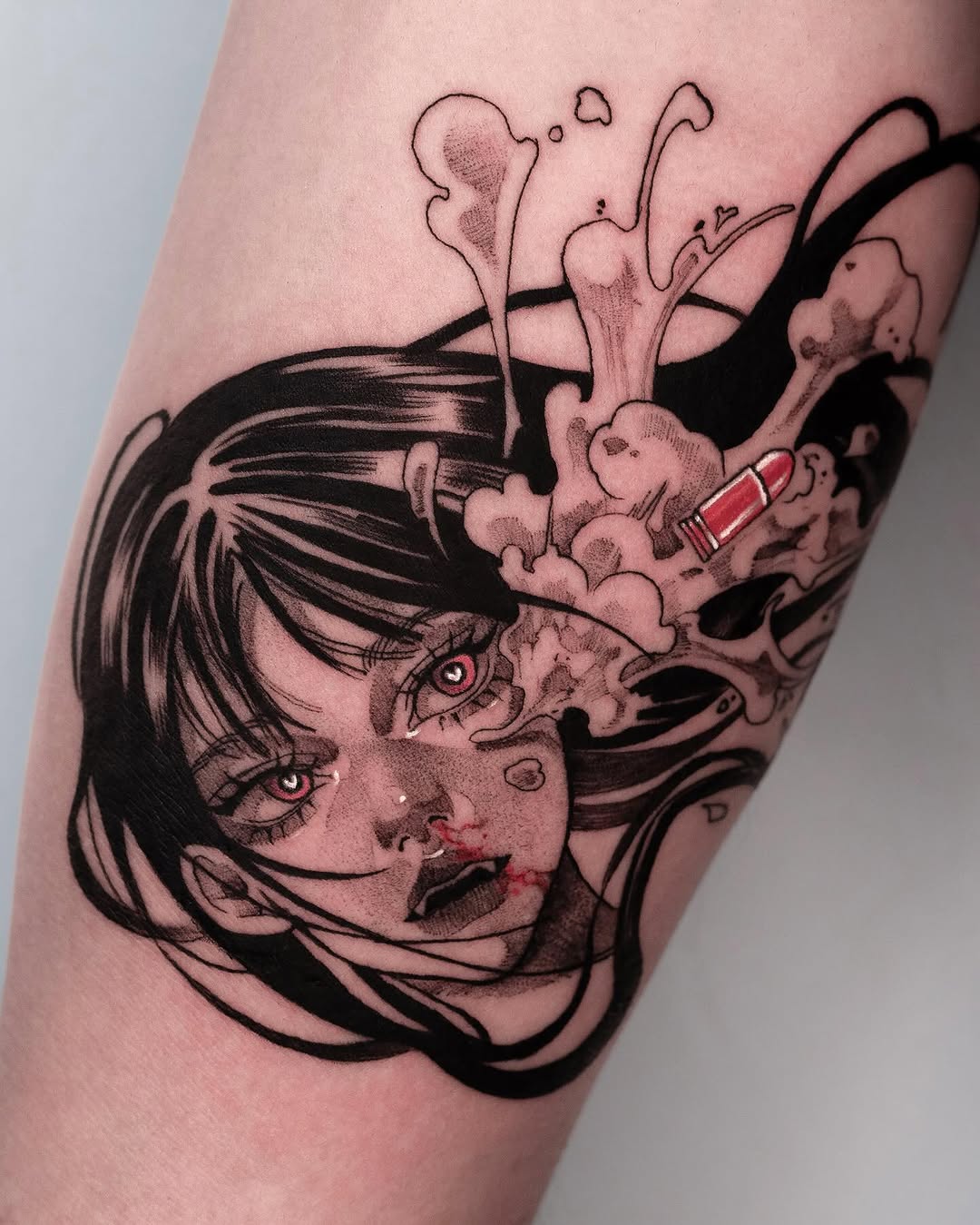 Tattoo by @yozu.tattoo — black_and_grey, anime