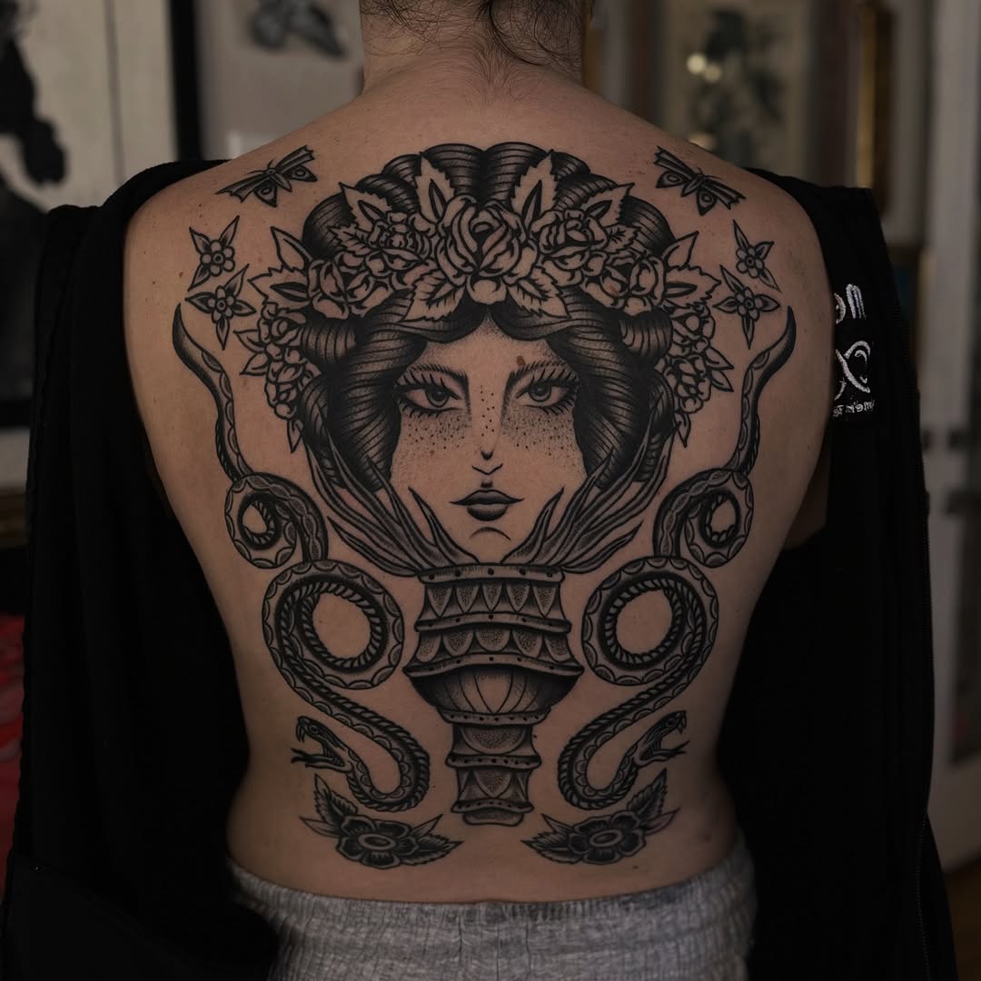 Tattoo by @hotdonnatattoos — neo_traditional, black_and_grey