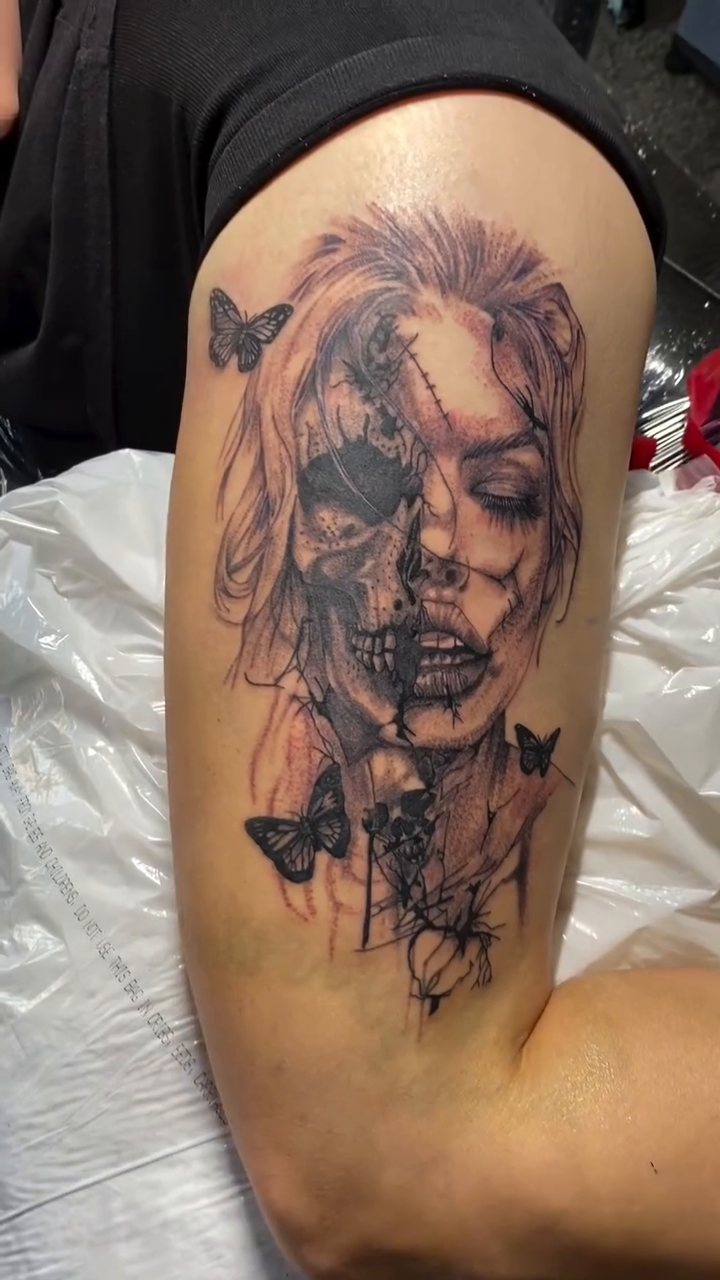 Tattoo by @prettyboyblueink — illustrative, black_and_grey