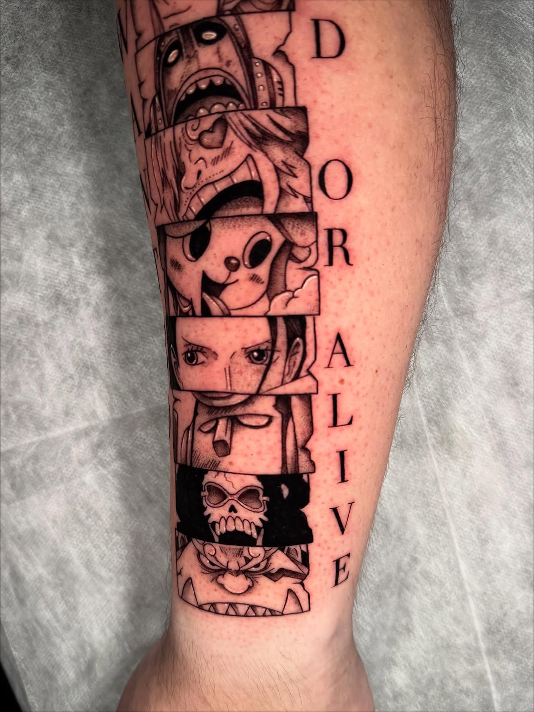 Tattoo by @hackytats — anime, black_and_grey