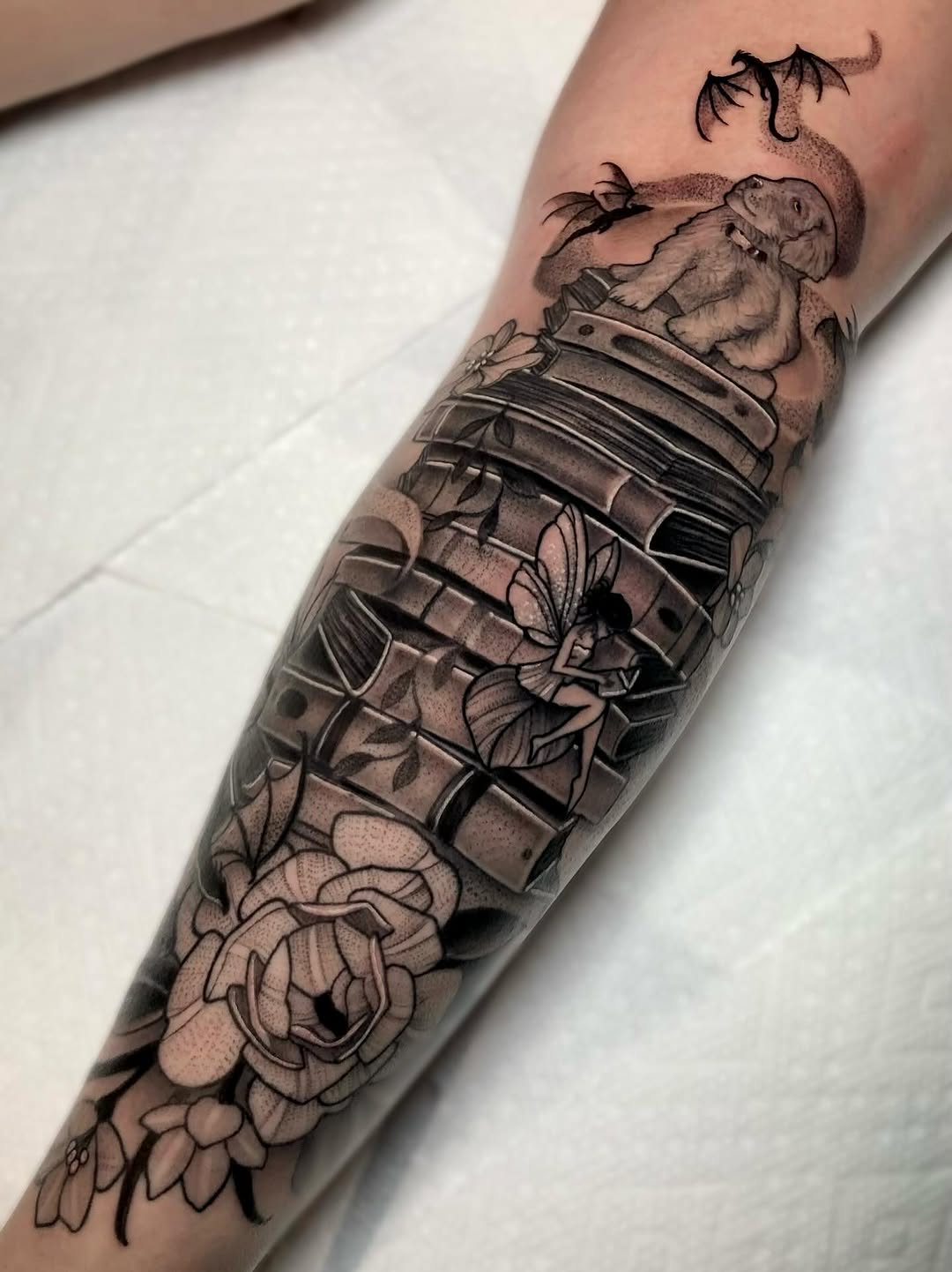 Tattoo by @melissabtattoos — illustrative, black_and_grey