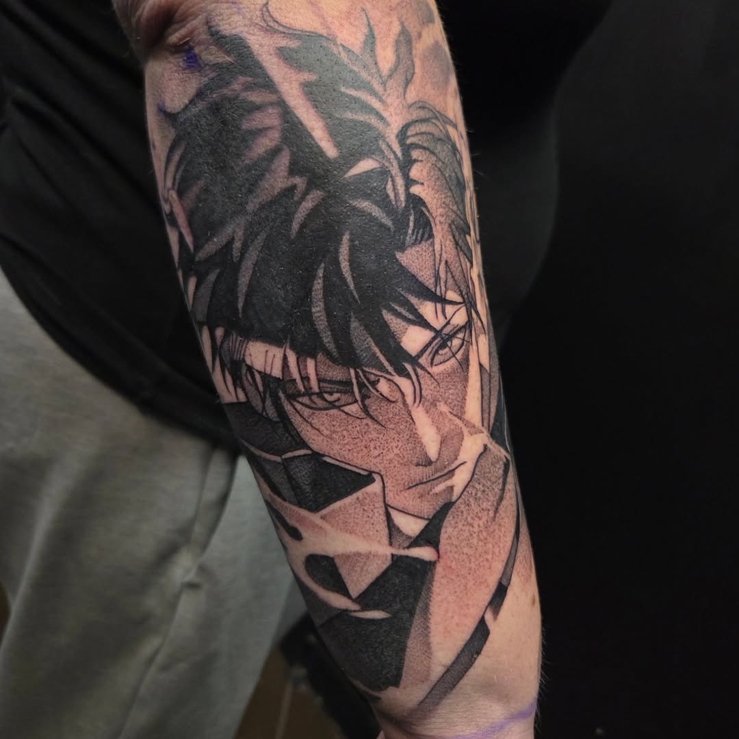 Tattoo by @batbonez — anime, black_and_grey