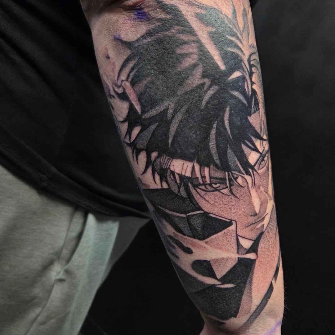 Tattoo by @batbonez — anime, black_and_grey