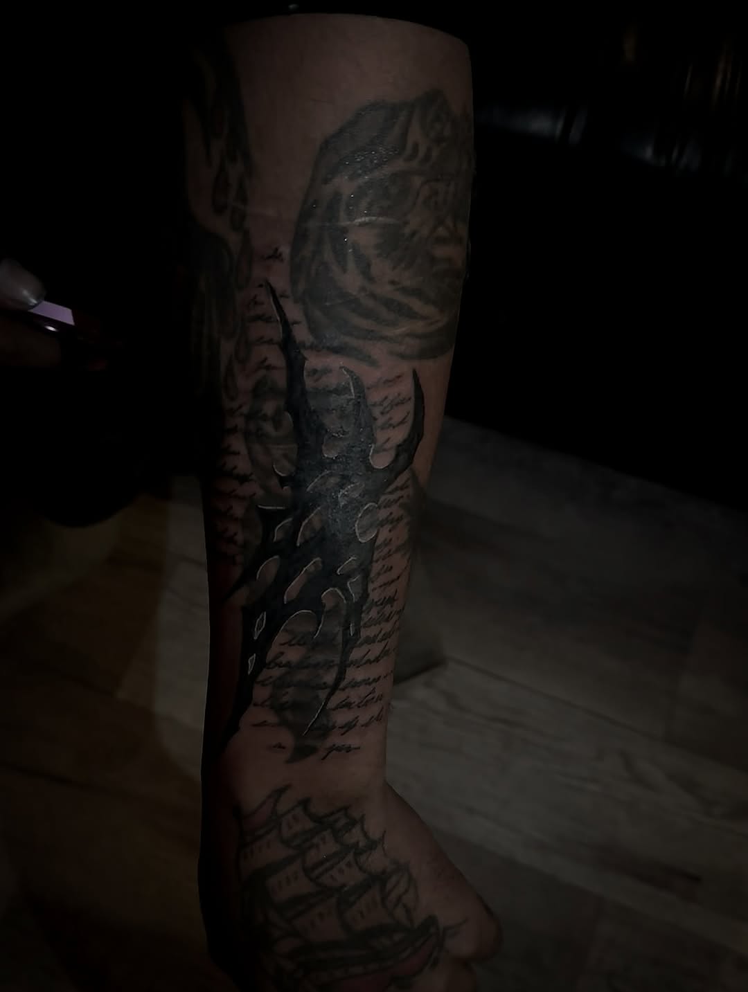 Tattoo by @blackworkbenz — black_and_grey, lettering_script