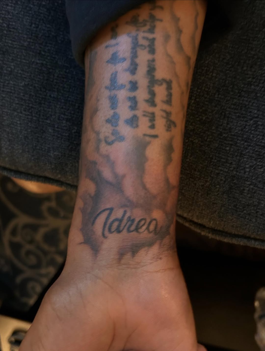 Tattoo by @liltamoooficial — lettering_script, black_and_grey