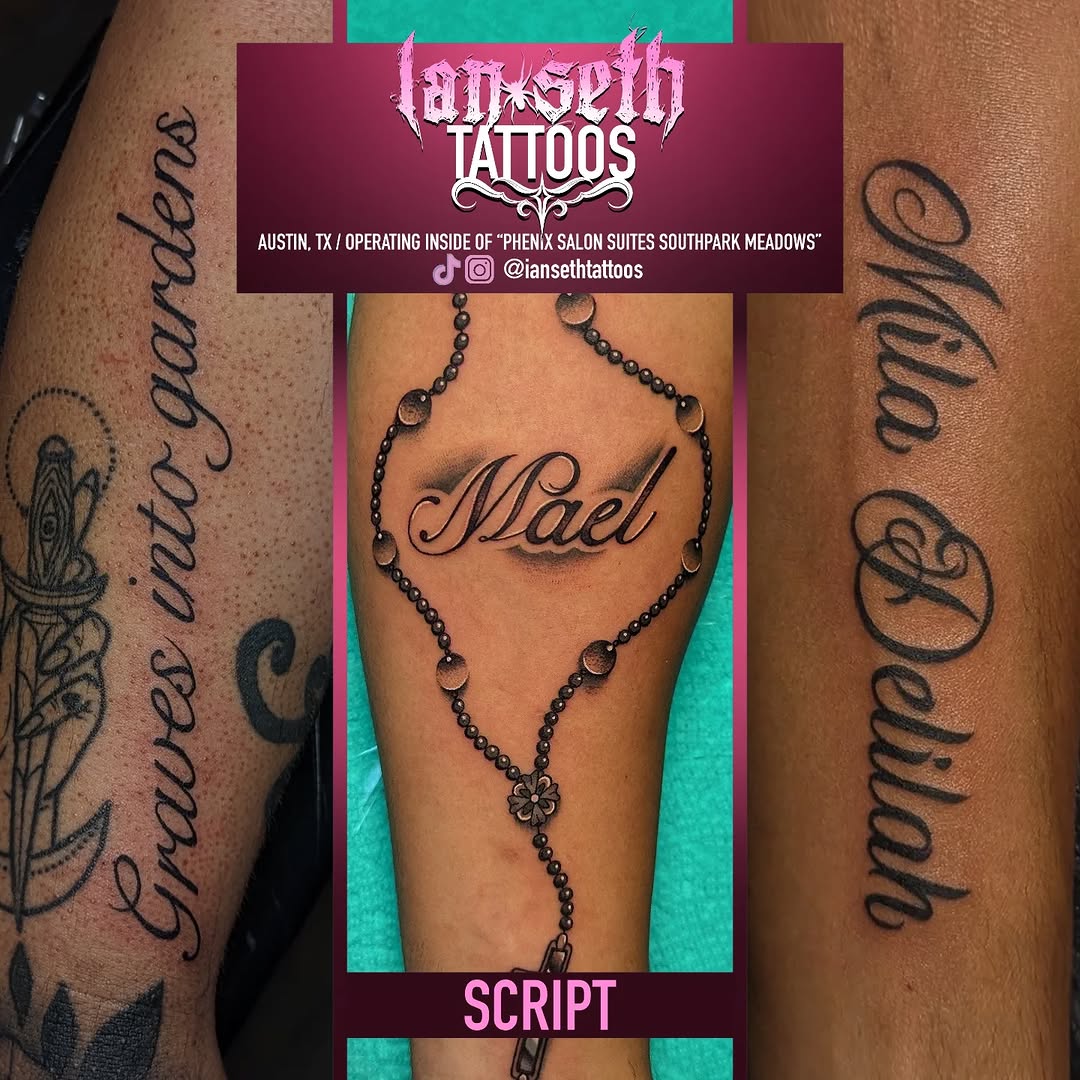 Tattoo by @iansethtattoos β lettering_script, black_and_grey
