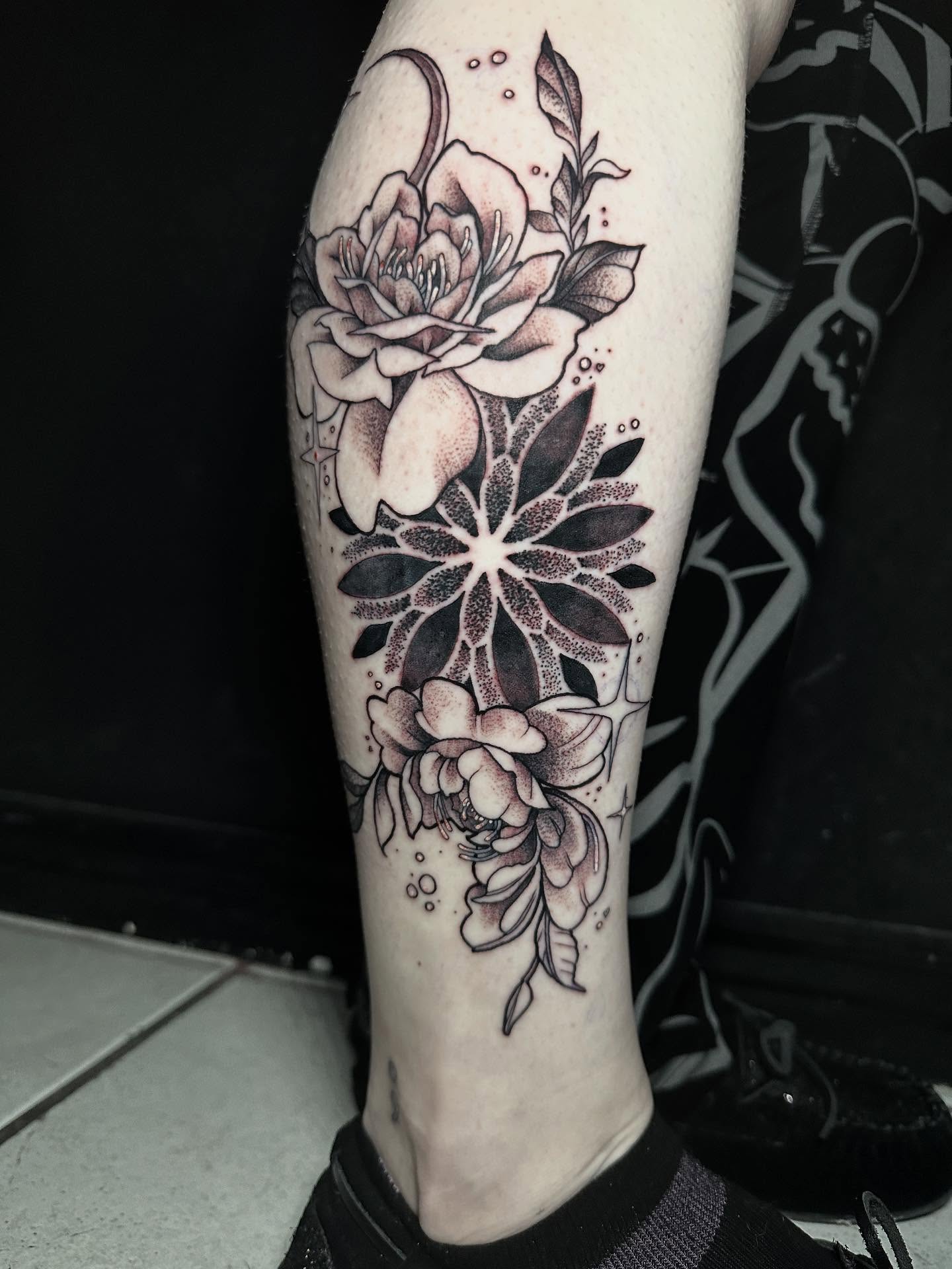 Tattoo by @halz327tattoos — black_and_grey, dotwork