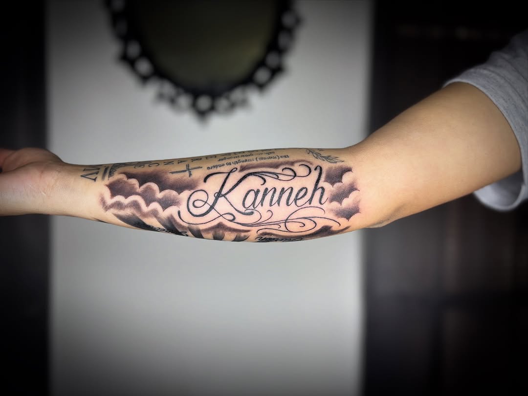 Tattoo by @zhentats2 — lettering_script, black_and_grey