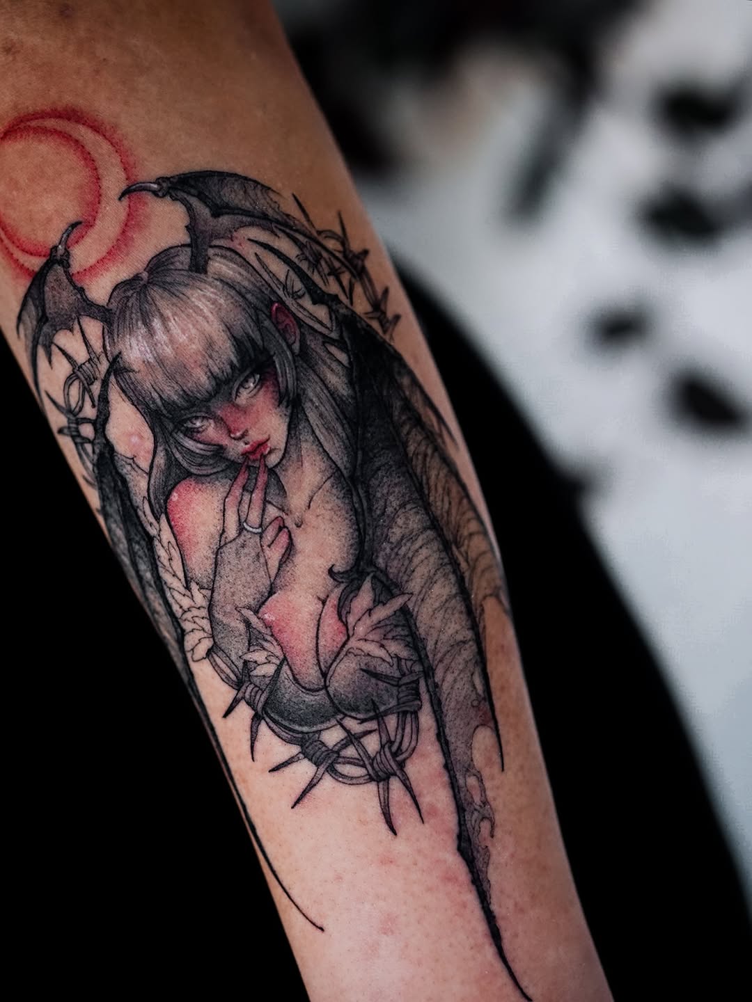 Tattoo by @robotwaifu.ink — dark_realism, anime