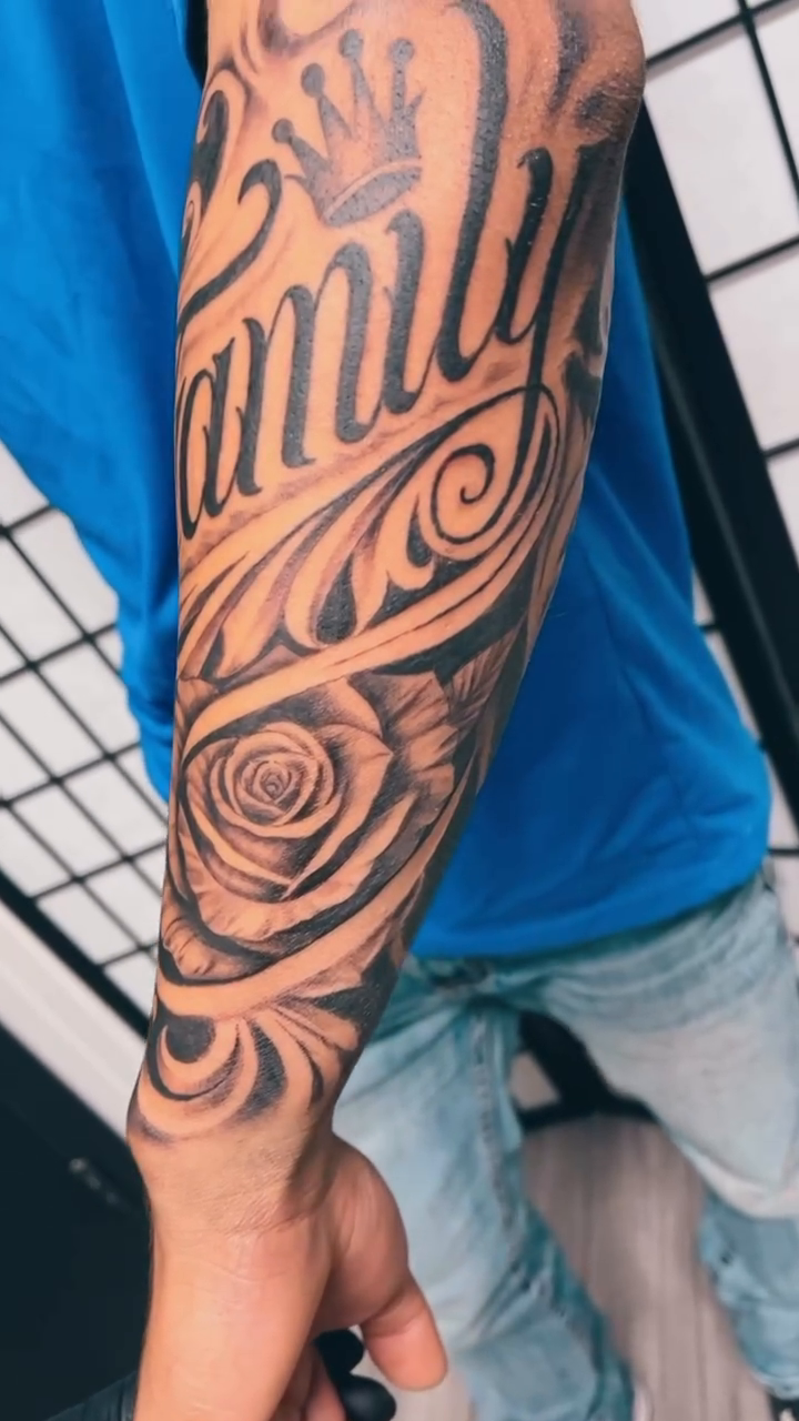 Tattoo by @mk.tattin — lettering_script, black_and_grey