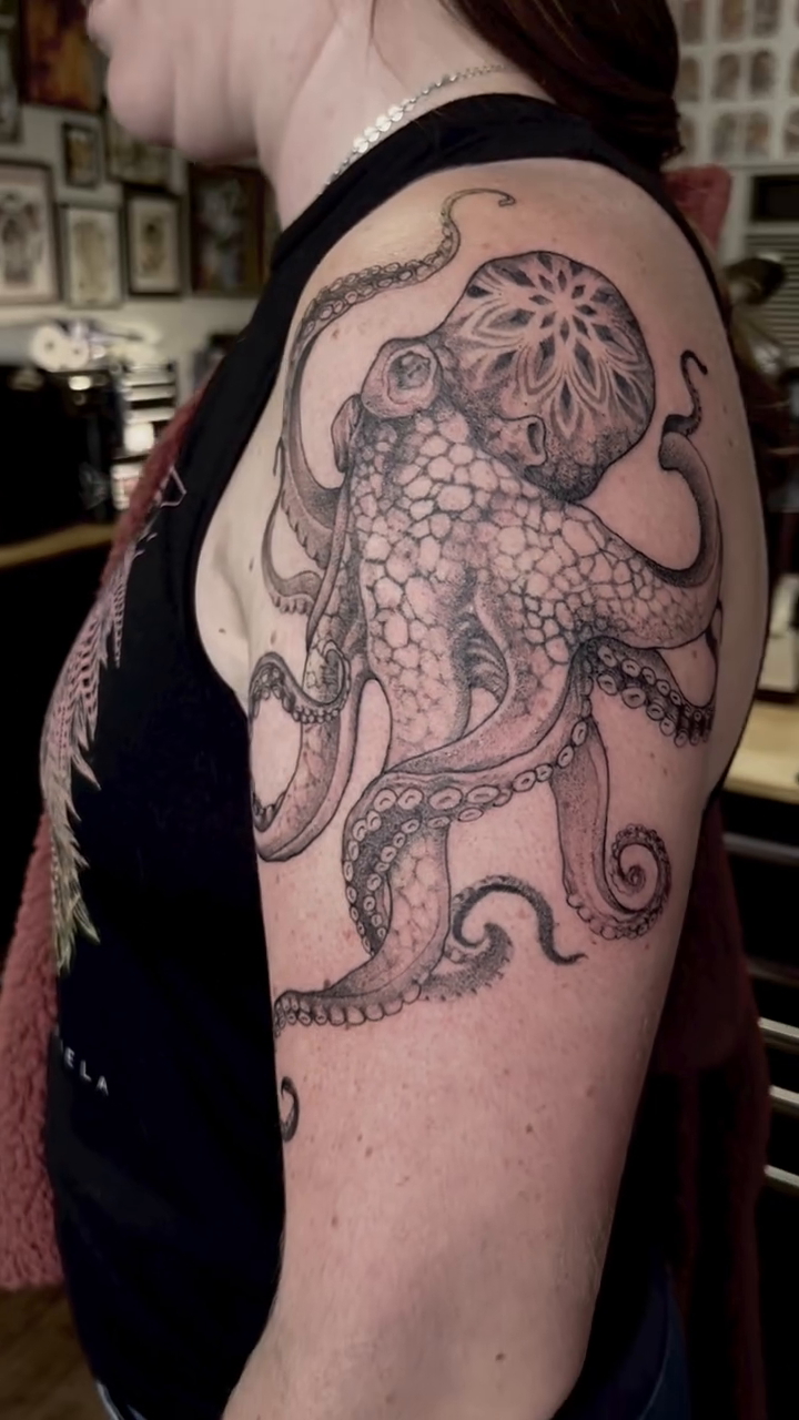 Tattoo by @woodrowtattoo — black_and_grey, realism