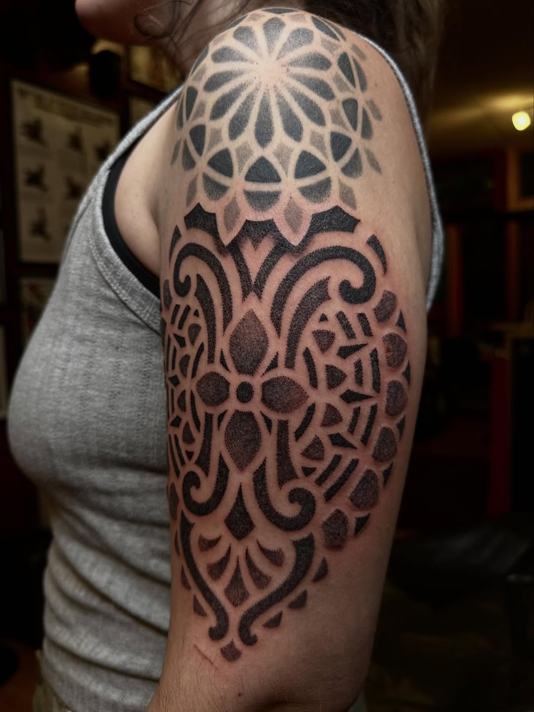 Tattoo by @owlyntattoo — ornamental, dotwork