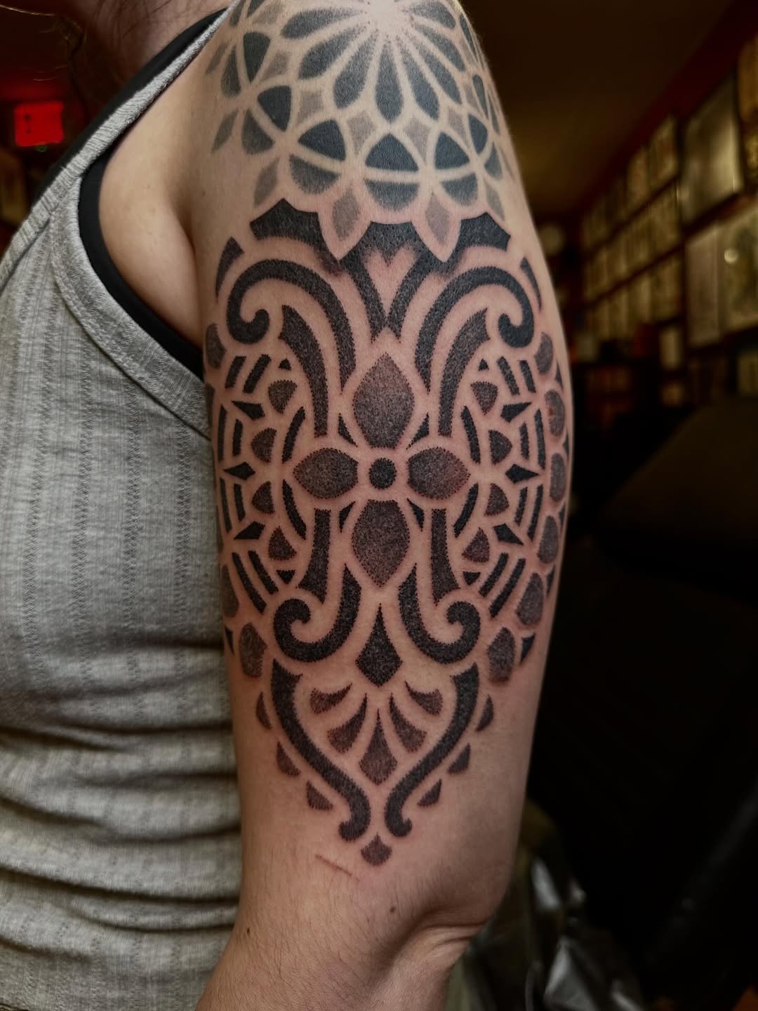 Tattoo by @owlyntattoo — dotwork, ornamental