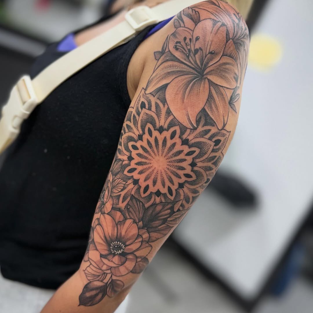 Tattoo by @mcglonetattoos — dotwork, black_and_grey