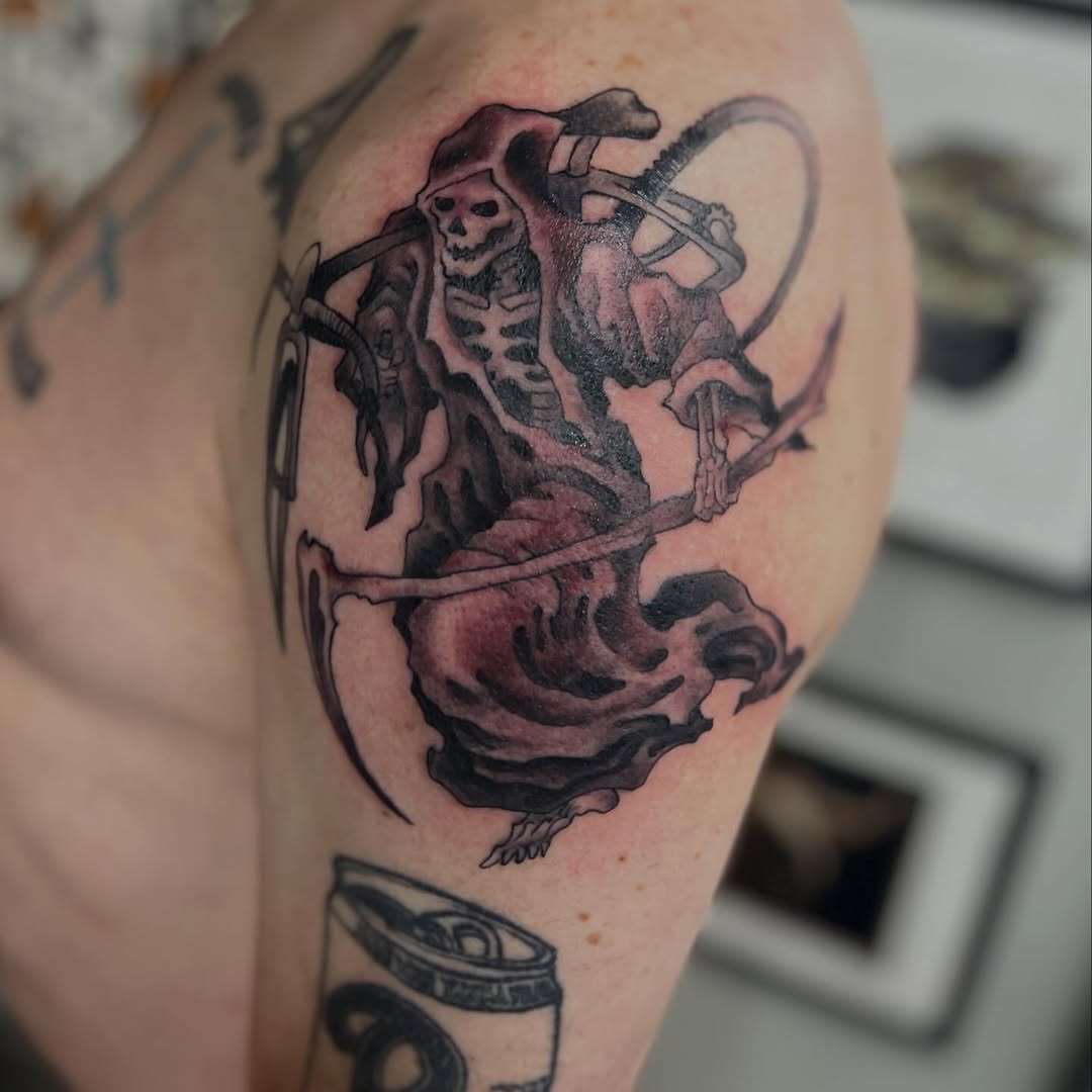 Tattoo by @christopher_vaughn_gay — dark_realism, black_and_grey