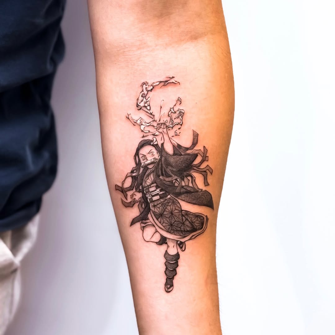 Tattoo by @banky7_tattooist — anime, black_and_grey