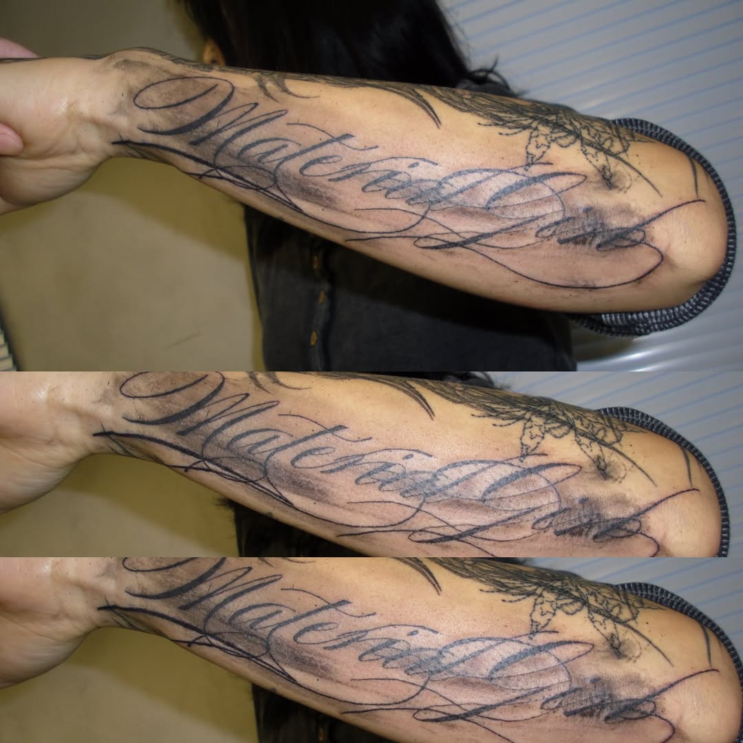 Tattoo by @eyeballism___ — lettering_script, black_and_grey