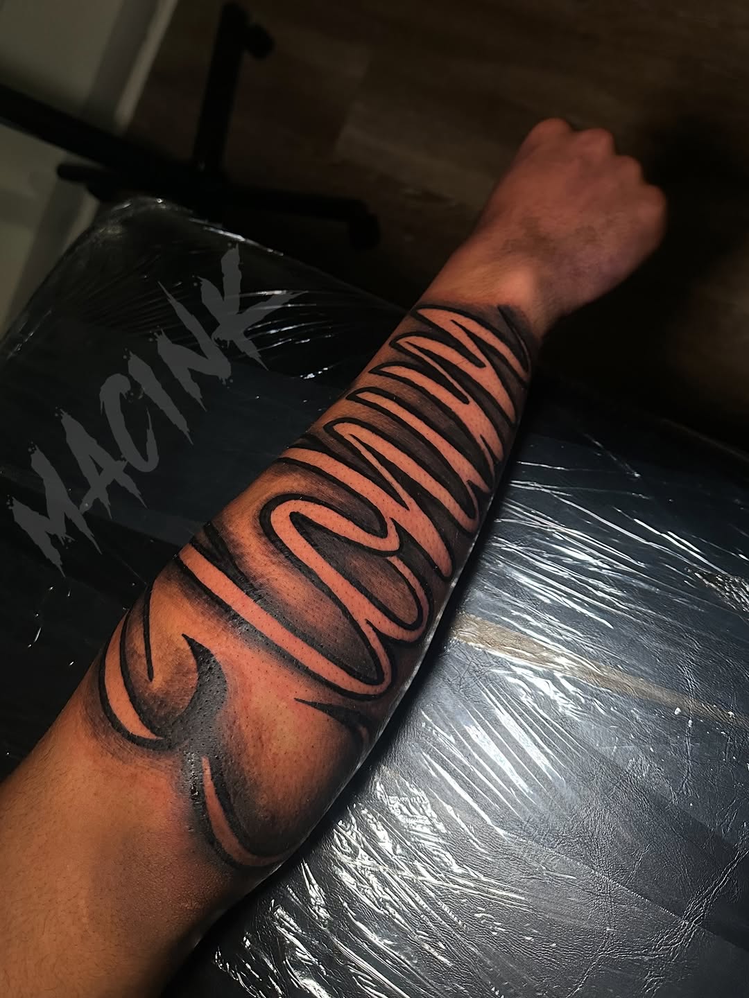 Tattoo by @macink__ — lettering_script, chicano