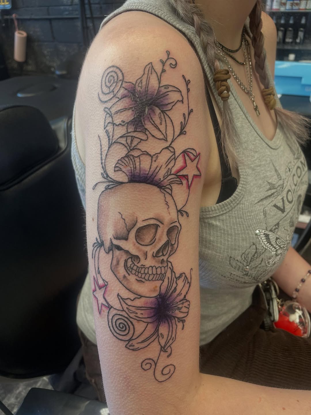 Tattoo by @scare_bear_tattoos — illustrative, black_and_grey