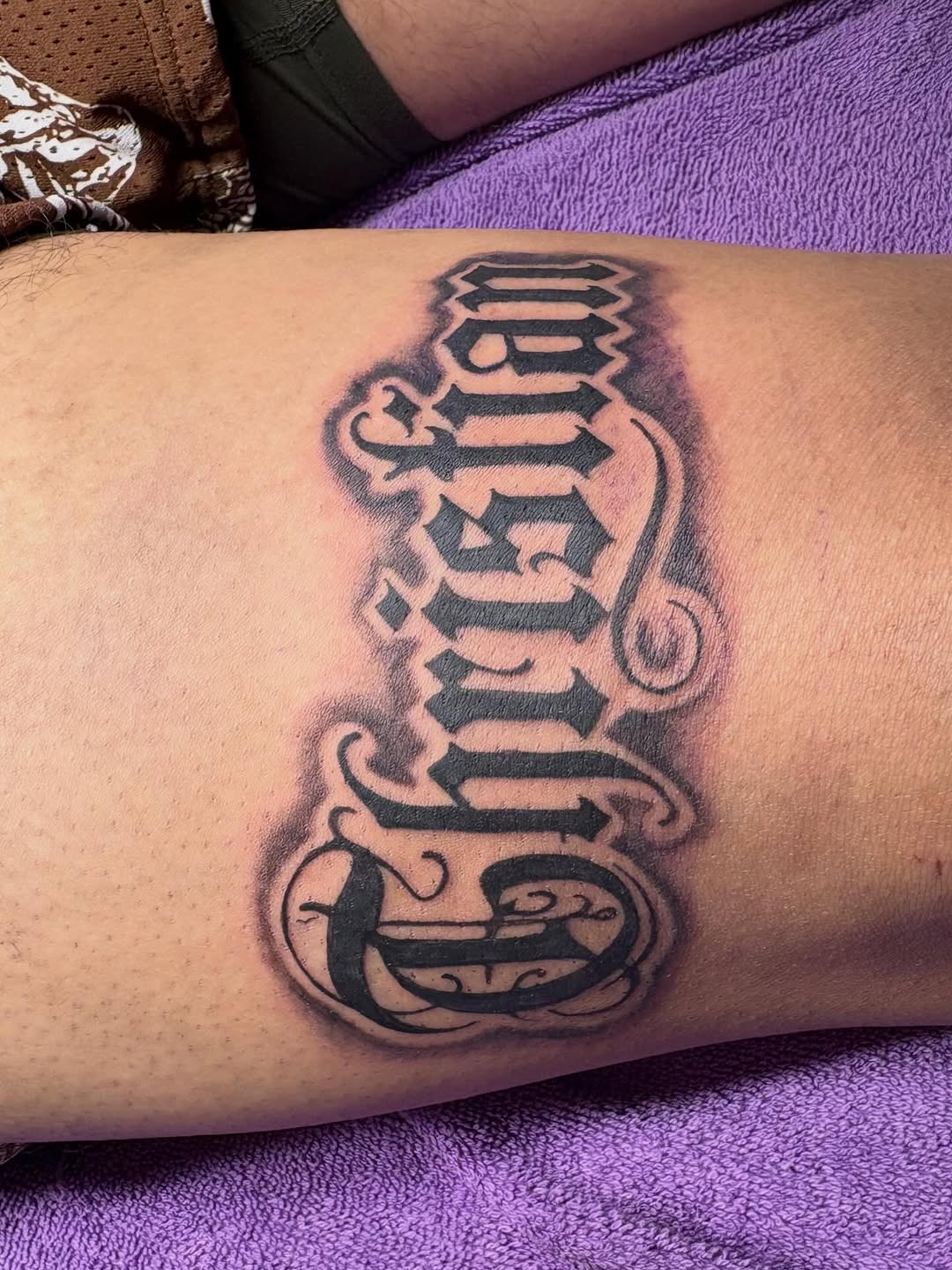 Tattoo by @tattedupby_vidal — lettering_script, chicano