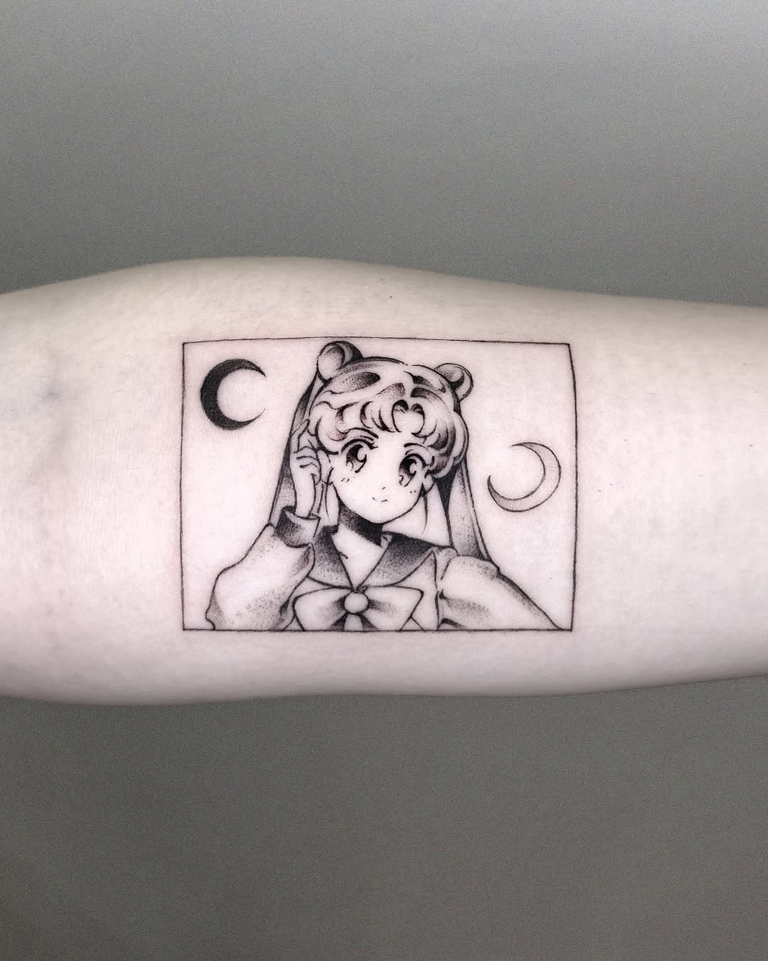 Tattoo by @heio.f — anime, dotwork