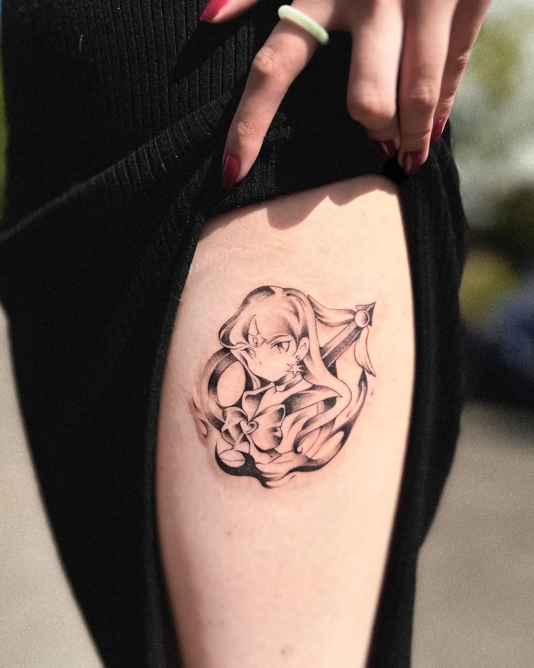 Tattoo by @heio.f — anime, black_and_grey