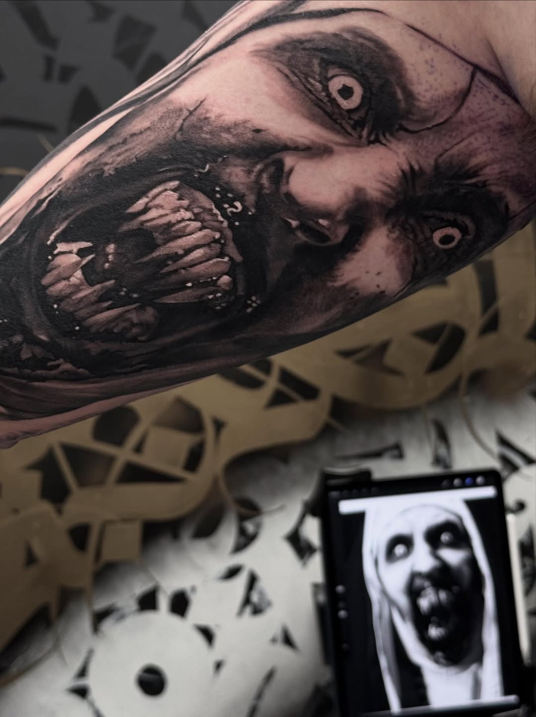 Tattoo by @nestormurrayart โ dark_realism, black_and_grey